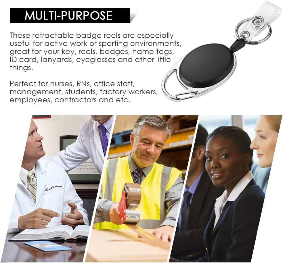 Retractable Badge Holder with Carabiner Reel Clip and Key Ring for ID Card Key Keychain Holders Black 10 Pieces by Moever