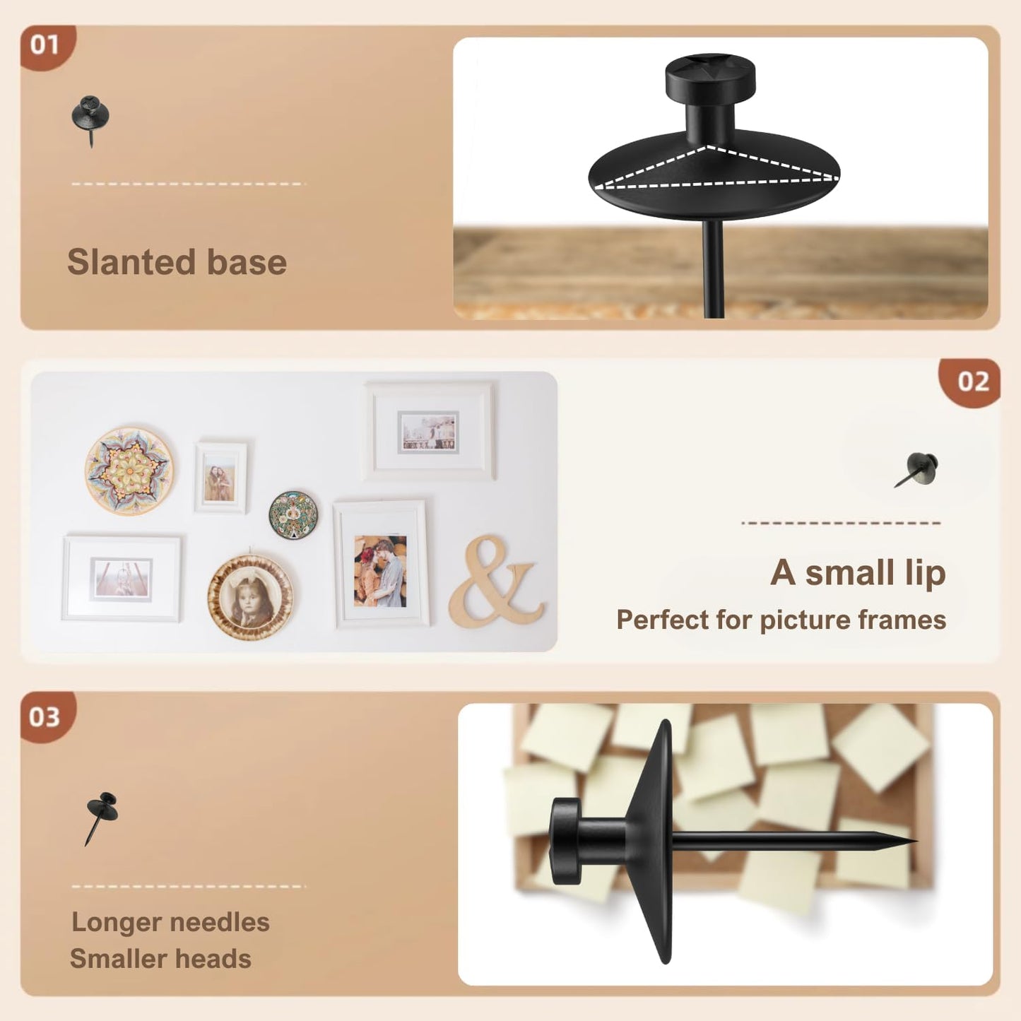 50pcs Black Thumb Tacks - Heavy Duty Double Headed Metal Wall Tacks