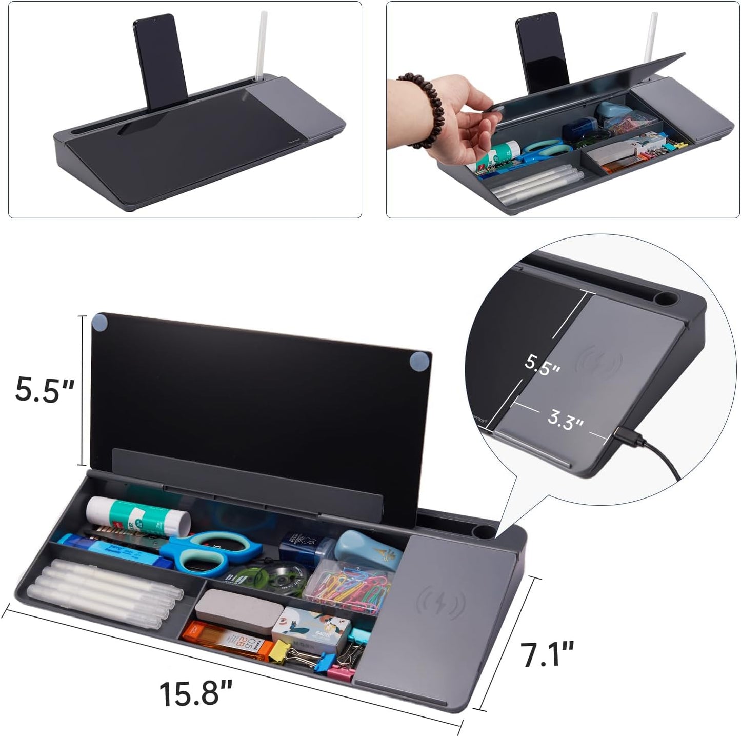 Small Glass Desktop Whiteboard Dry-Erase-Board - Computer Keyboard Stand with Wireless Charger White Board Surface Pad with Drawer, Desk Organizers with Accessories for Office, Home, School Supplies