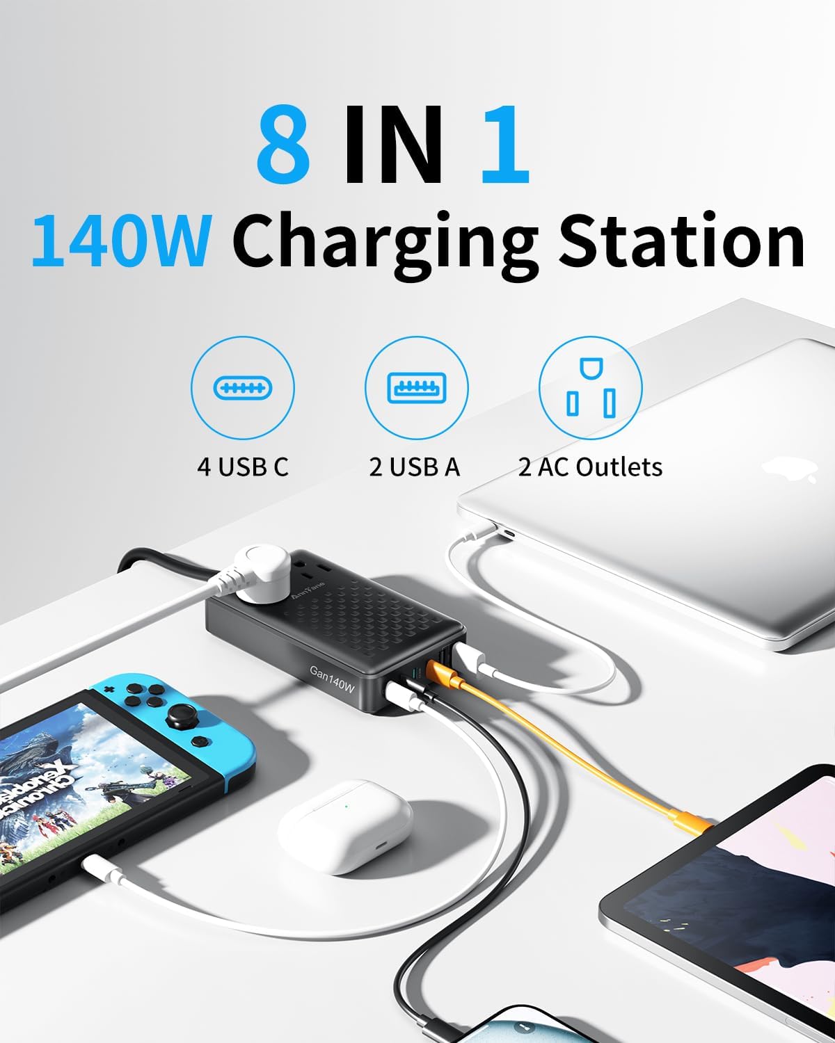 Charging Station 140W USB C Charger Block, Upgraded GaN III 8-in-1 Fast Charging Station Hub，PD 100W Laptop Charger Adapter Compatible with Compatible with MacBook Air/Pro,iPhone16/15,Galaxy S24 etc