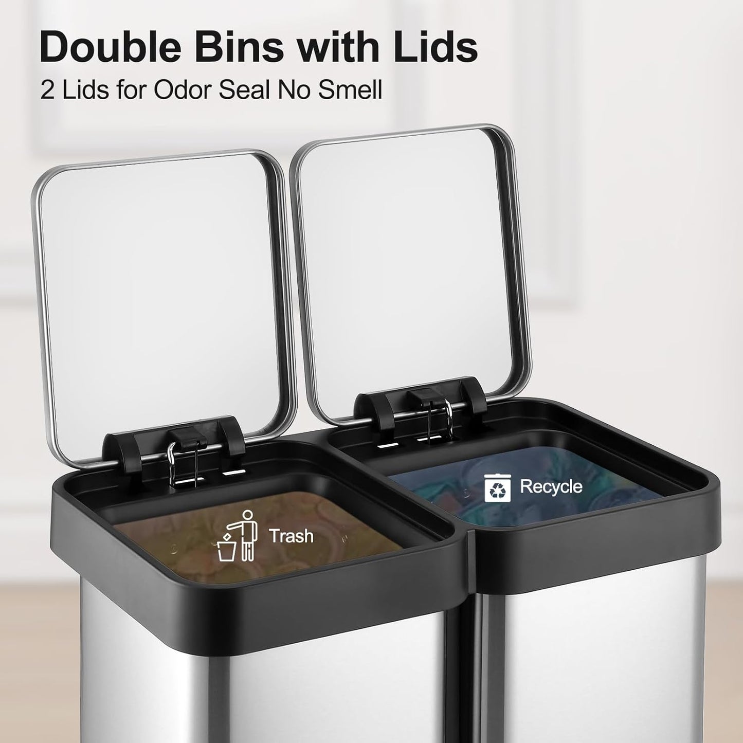 Kitchen Trash Can, 2 x 7.93 Gal (2 x 30L) Dual Trash Can with Recycle Bin, Stainless Steel Garbage Can, Fingerprint-Resistant Soft-Close Dual Recycling Bins for Kitchen