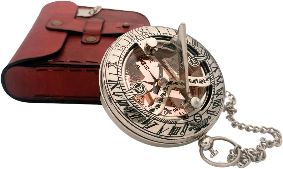 Vintage Brass Sundial Compass with Leather Case - Antique Brass & Copper Sun Clock for Camping, Hiking, Touring - Engraved Gift for Him - Silver Large Compass Viking Pendant Necklace for Men