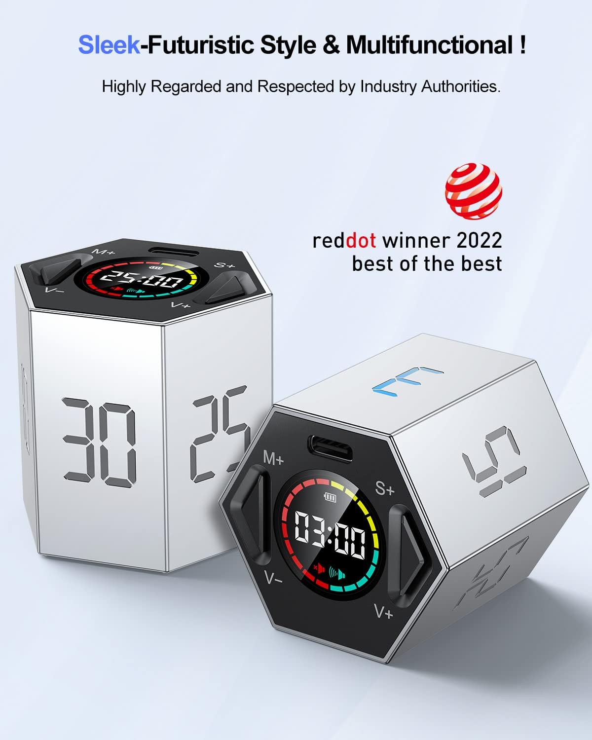 Ticktime Pomodoro Timer Cube, Hexagon Productivity Timer, Pause & Resume, Silent & Adjustable Sound Alert, for ADHD, Task, Work, Study, 3/5/10/15/25/30min & Custom Countdown - Gray