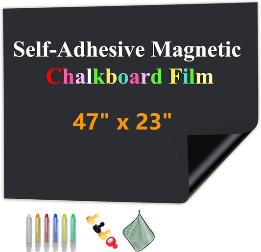 Magnetic Chalkboard Contact Paper with Adhesive, 47" x 23" Magnetic Blackboard Film for Walls, Peel and Stick – Ideal for Office, Classroom, Home. Includes Dustless Chalk, Wiping Cloth, and Magnet