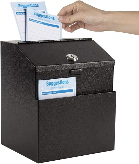 KYODOLED Suggestion Box with Lock and 50 Free Suggestion Cards, Metal Wall Mounted Ballot, Donation and Collection Key Drop Box with Slot & 2 Keys, 8H x 5.7W x 7L Inch, Black