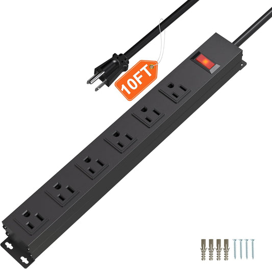 6 Outlet Power Strip with Wide Spaced and 10FT Power Cord,Wall Mount Metal Industrial Power Strip Heavy Duty for Commercial,Garage,School and Home,15A 125V 1875W,Black(10FT)