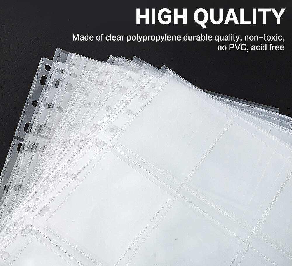 Trading Card Sleeve Pages, PANDRI 100 Pack 9 Pocket Trading Card Storage Album Pages 11 Holes Fit 3 Ring Binder