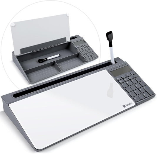 Varhomax Glass Desk Whiteboard with Calculator, Desktop Dry Erase White Board with Storage, to Do List Memo Notepad for Home and Office