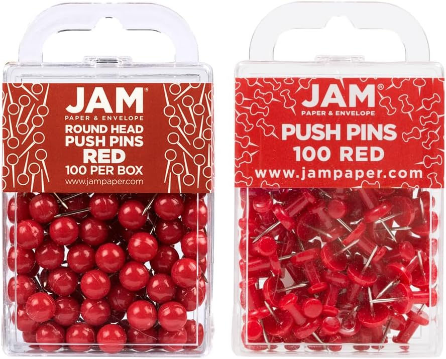 JAM PAPER Colorful Push Pins - Flat & Round Head Thumb Tack Combo Set - Red Pushpins - 200/Pack