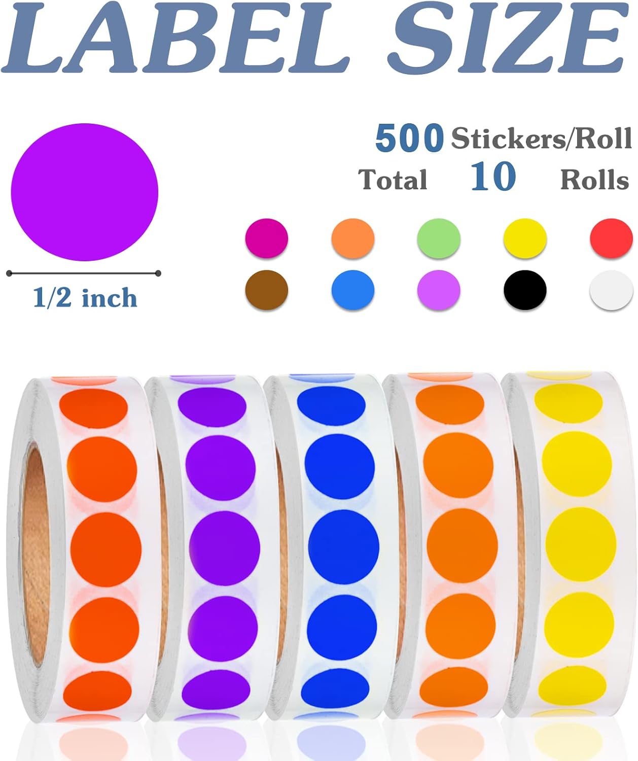 5000 PCS 1/2 Inch Solid Round Color Coding Labels Roll, Self-Adhesive Circle Dot Sticker 10 Assorted Colors for Inventory and Home Organize, File Classification