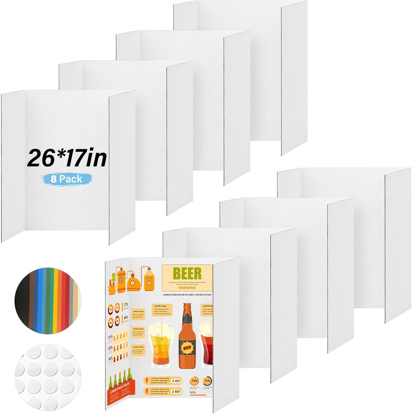 8 Pcs Trifold Poster Board, 26x17 inches White Poster Board Comes With Sticky Accessories, Corrugated Presentation Boards, Display Board for School Projects, Business Presentations, 8 Count