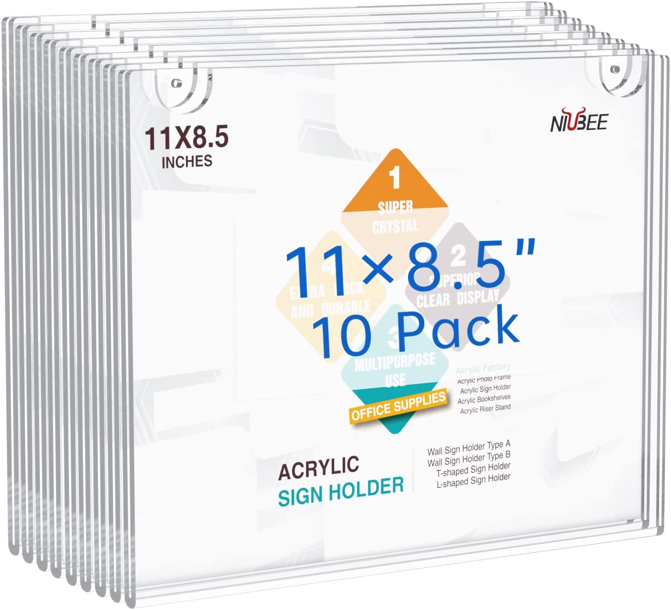 NIUBEE 10-Packs 8.5x11 Sign Holder Horizontal for Wall Door, Clear Acrylic Picture Frame for Paper with Free 3M Tape and Mounting Screws