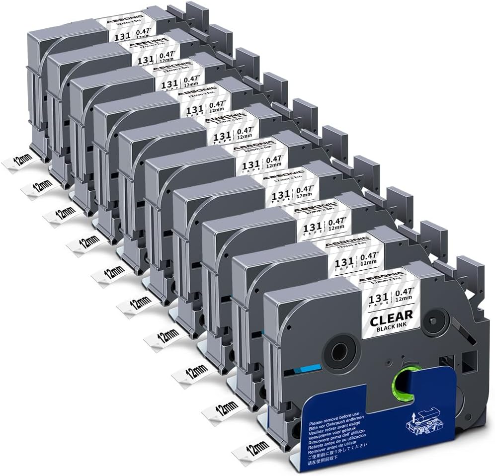Absonic 10-Pack Tze Tz Label Tape Clear Compatible for Brother Tze-131 Tze131 Tz-131 Tz131 P Touch Tape 12mm 0.47" Black on Clear Label Maker Tape 1/2 inch Laminated for PTD220 PTD210 PTD200 PTH110