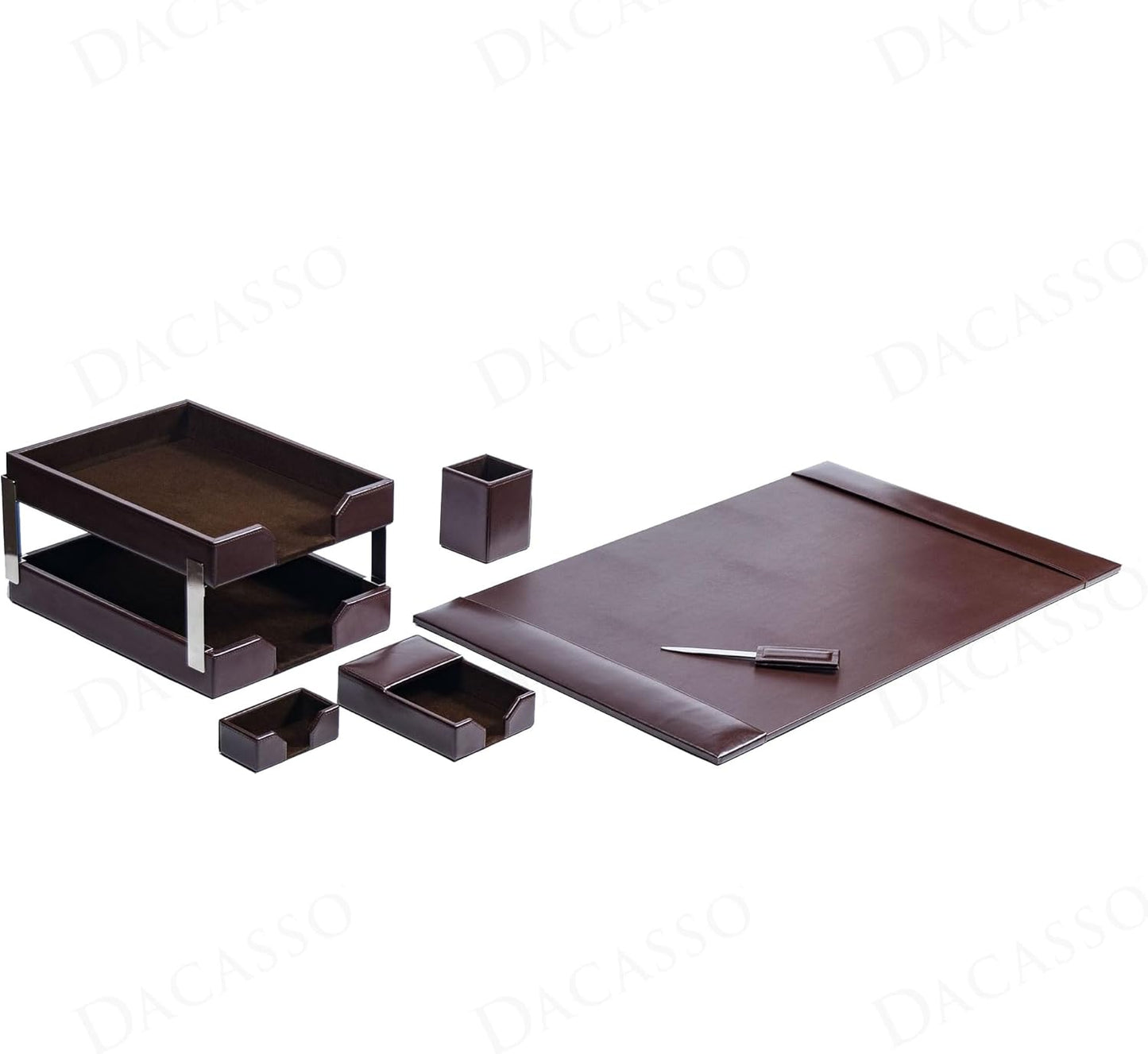 Dacasso Dark Brown Bonded Leather 8-Piece Desk Accessory Set - Organization Essentials & Executive Decor - Luxury Leather Blotter for Office Organization