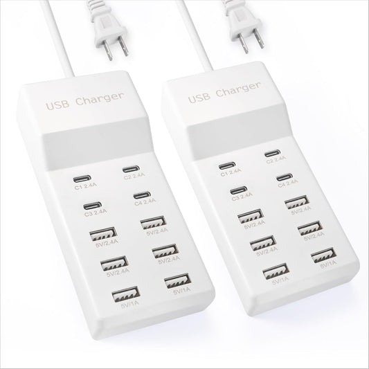 USB Charging Station, 10 Ports Family-Sized USB C Charger Block,USB Power Strip for Smart Phone Tablet Laptop Computer（2 Pcs）