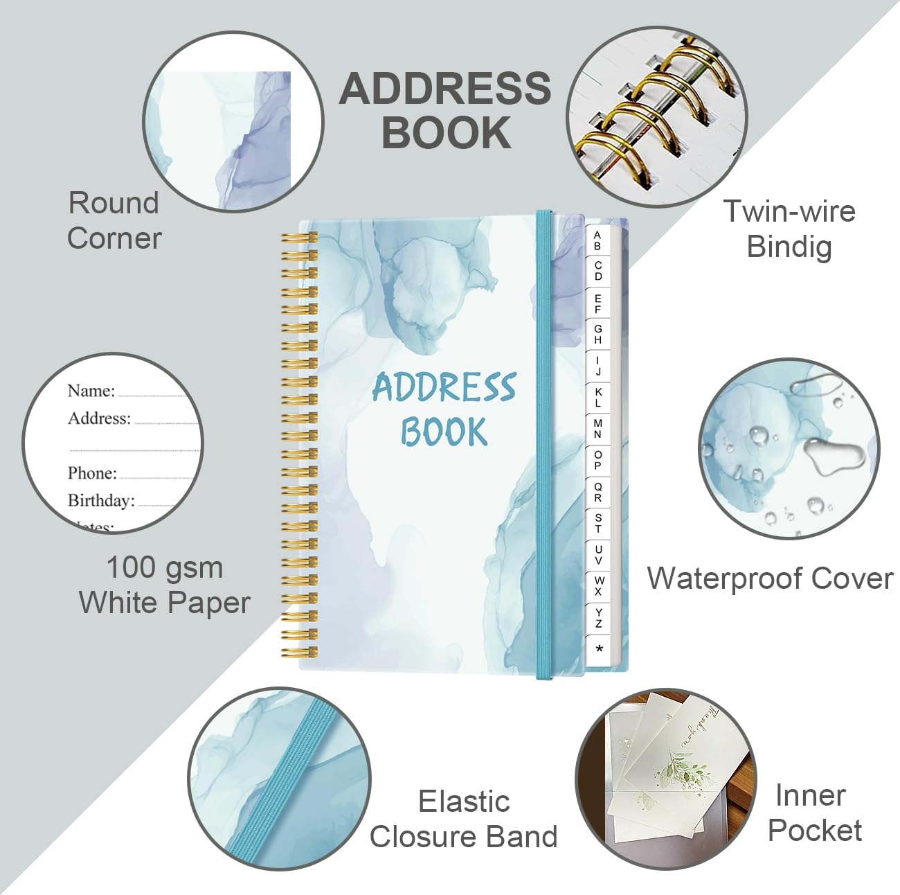 Address Book with Alphabetical Tabs - Small Address Book Spiral with Address Contacts, Special Date, Phone, Birthday & Internet Login Password for Home and Office, 4.3" x 6.2", Blue Watercolor
