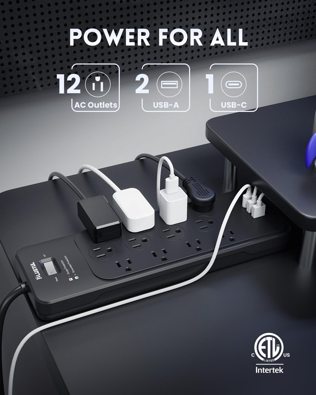 Surge Protector Power Strip 25FT(4080J), PLUGTUL Surge Protector with 12 Outlets - Spacious Design for Large Plugs, Flat Plug, 20W USB C Charging for Home, Office, ETL Listed