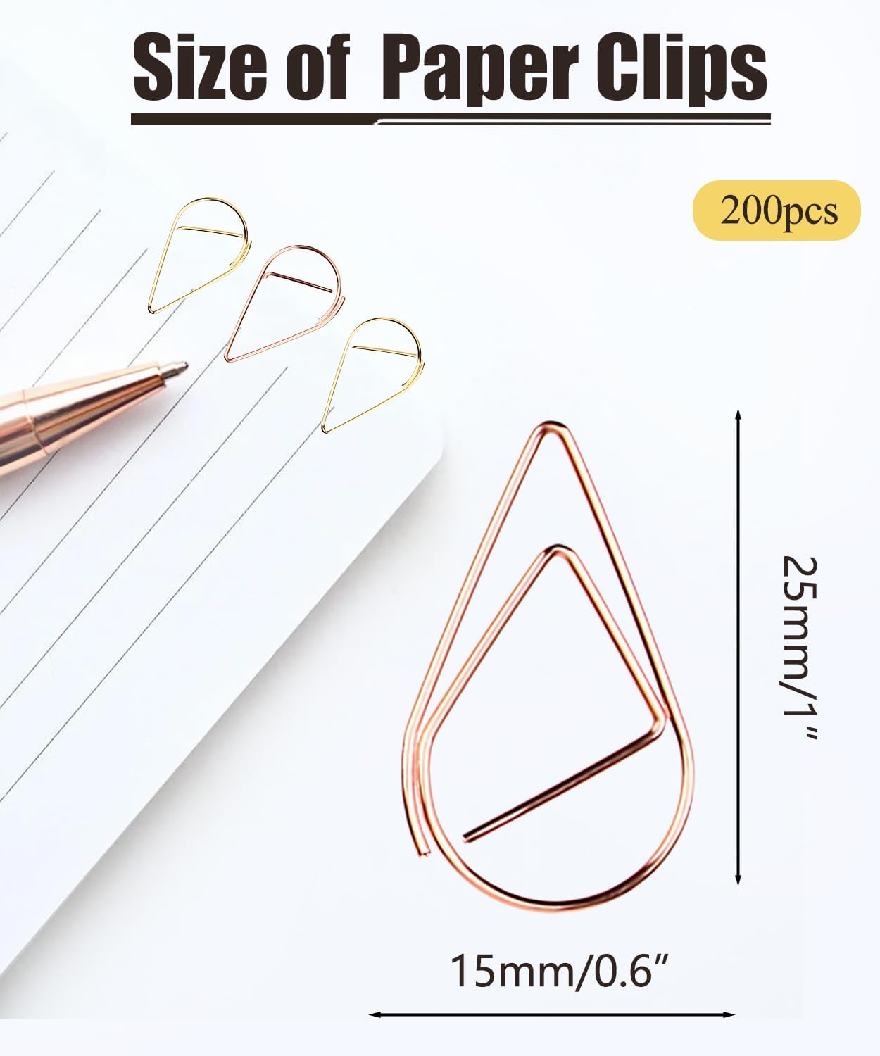 200 Pcs Teardrop Paper Clips Bulk,Stainless Steel Rust-Resistant Paperclips for Wedding Invitations, 3X Stronger Hold with Mirror Polish(Rose Gold + Gold, 1inch)