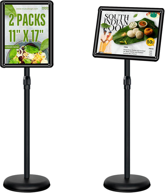 Poster Stand Holder Adjustable Pedestal Floor Standing Sign Holder Vertical and Horizontal View Sign Display, Aluminum Snap Open Frame with Safety Corner (2P-Black-11x17)