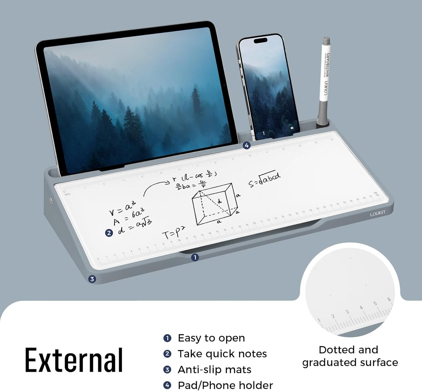 LOUKIN Glass Desktop Whiteboard, 15.3" x 5.6" Dry Erase Desk Board with Dotted and Graduated Surface, Desktop Buddy, Great for Design and Drawing, 3 Markers and 1 Dry Erase Eraser Included (Grey)