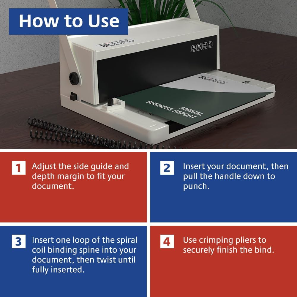 TruBind Manual Coil Binding Machine with Adjustable Side Margin | 20 Sheet Punch Capacity | Bind up to 440 Sheets with 4:1 Pitch | 2-Year Warranty | Heavy-Duty Coil Crimping Pliers Included