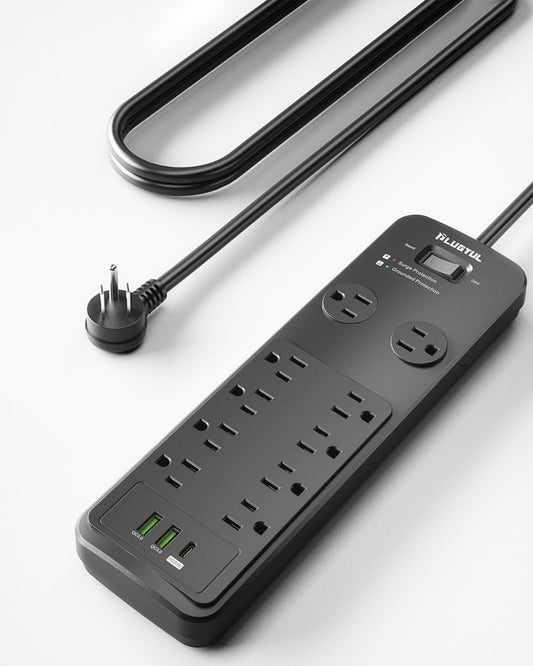Surge Protector Power Strip 25FT, PLUGTUL Surge Protector with 10 Outlets - Spacious Design for Large Plugs, Flat Plug, 20W USB C Charging for Home, Office, ETL Listed, 2040J