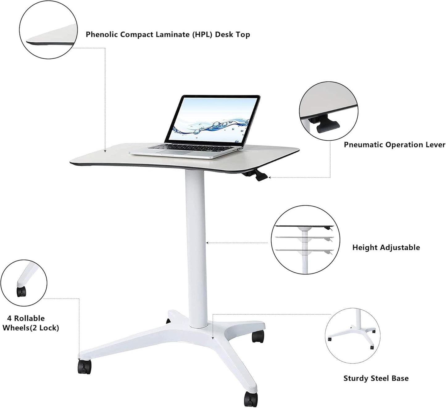 Mobile Standing Desk,Pneumatic Height Adjustable Laptop Desk, Mobile Laptop Desk with Wheels, Height Adjustable from 29.5'' to 47'',White