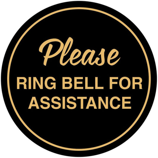 Signs ByLITA Circle Please Ring Bell For Assistance Wall or Door Sign | Easy Installation | Front Desk Reception Sign (Black Gold) - Large (10 Pack)