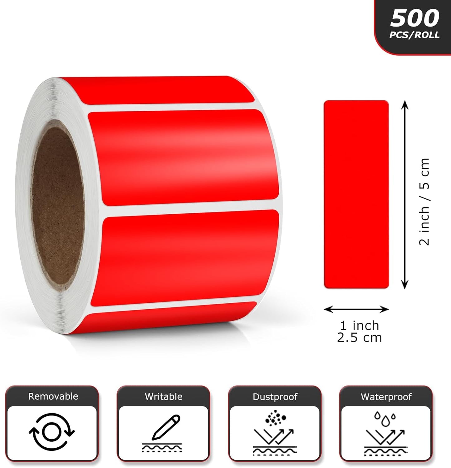 Red Rectangle Stickers 2 x 1 Inch Color Coding Labels Vinyl Roll Self-Adhesive Waterproof Removable 500 PCS