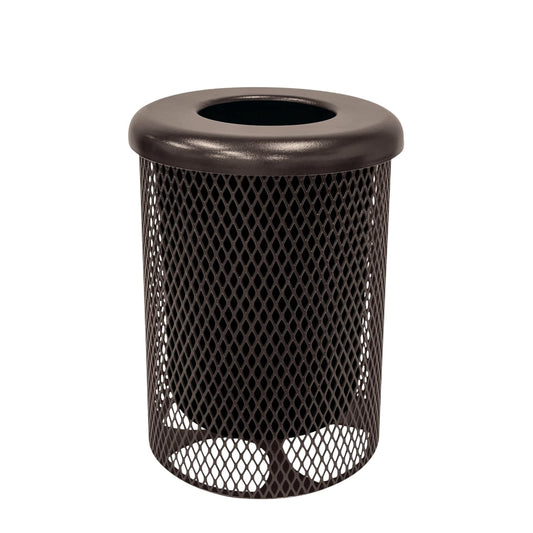 RFT-BRW Heavy Duty 32 Gallon Round Trash Receptacle, Liner Included, Brown with Flat Top Lid, Made in America
