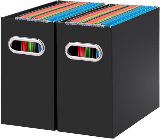 Oterri File Organizer, 2 Packs Small Storage Box, Cardboard File Folder Organizer, Collapsible File Box for Hanging File Folders Letter Size, Portable Filing Organizer with Handle（Black）