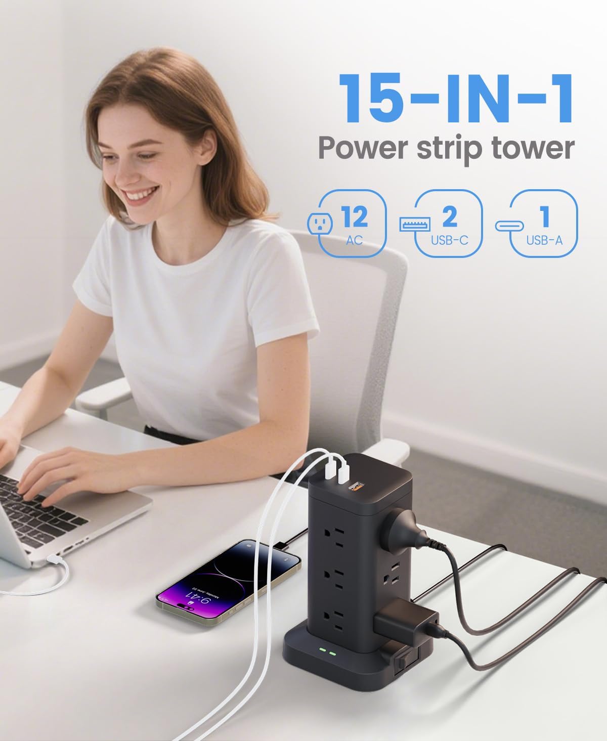 15-in-1 Power Strip Tower with Surge Protector 1800J, Fast Charging Tower PD20W USB-C Ports with 12 AC Outlets, 6ft Extension Cord for Home Office Dorm Room, Black