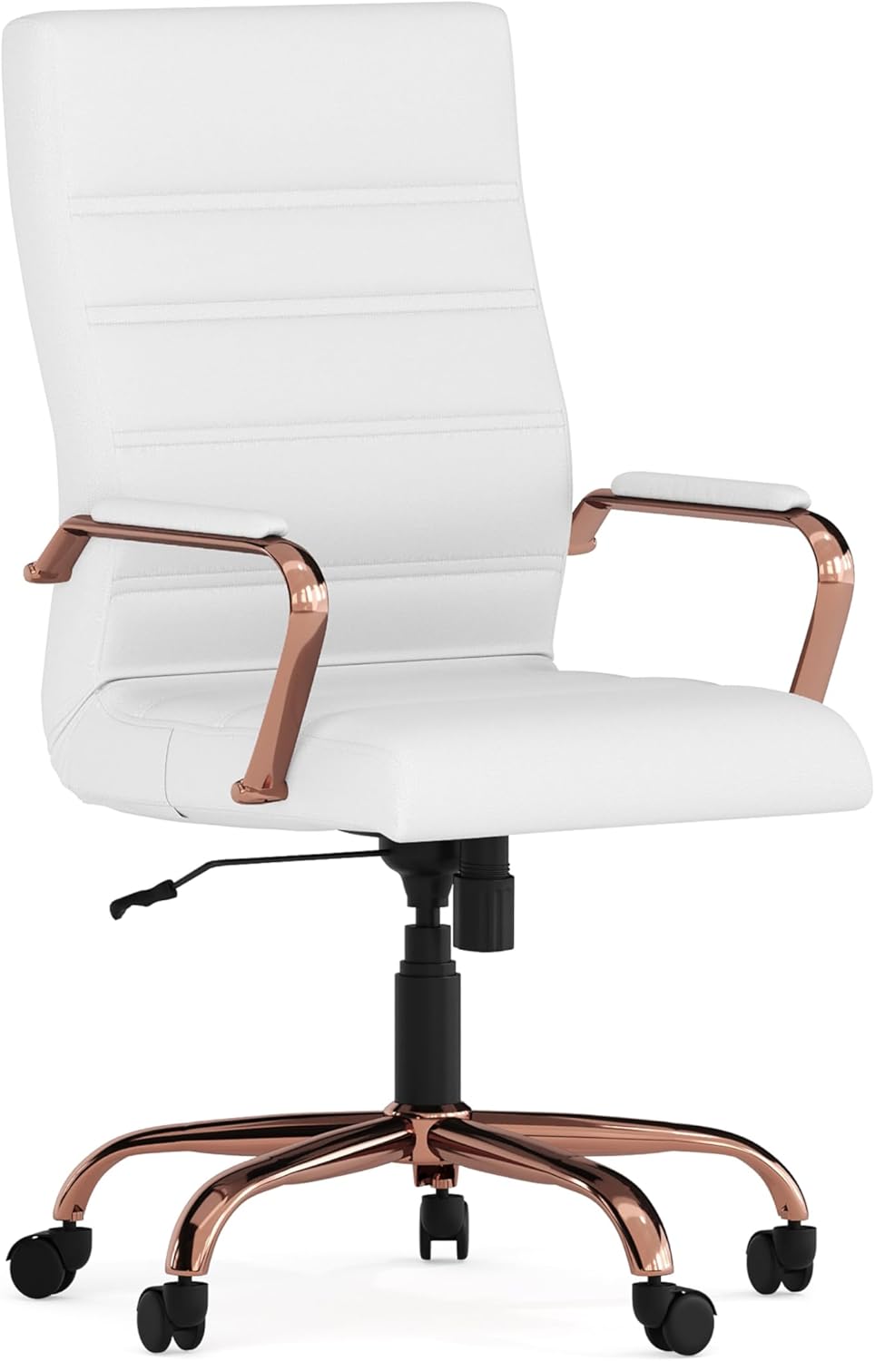 Flash Furniture Whitney High-Back Swivel LeatherSoft Desk Chair with Padded Seat and Armrests, Adjustable Height Padded LeatherSoft Office Chair, White/Rose Gold