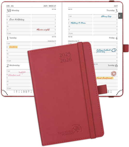 POPRUN Pocket Planner 2025-2026 (Purse Size 4'' x 6.25'') Academic Small Calendar (July 2025 - June 2026) with Hourly Time Slots, 100GSM Thick Papers, Leather Soft Cover - Burgundy Red