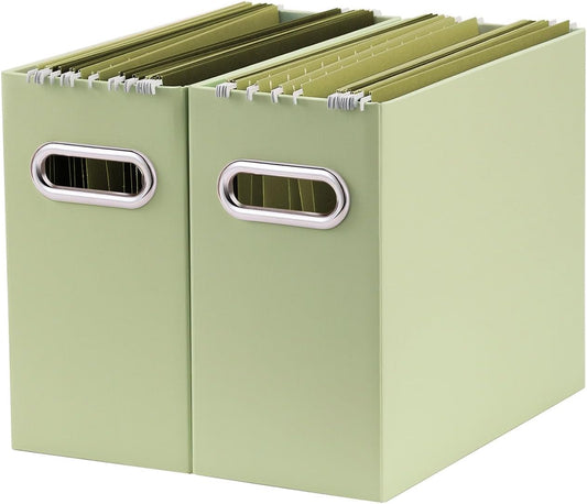 Oterri File Organizer, 2 Packs Small Storage Box, Cardboard File Folder Organizer, Collapsible File Box for Hanging File Folders Letter Size, Portable Filing Organizer with Handle (Green)