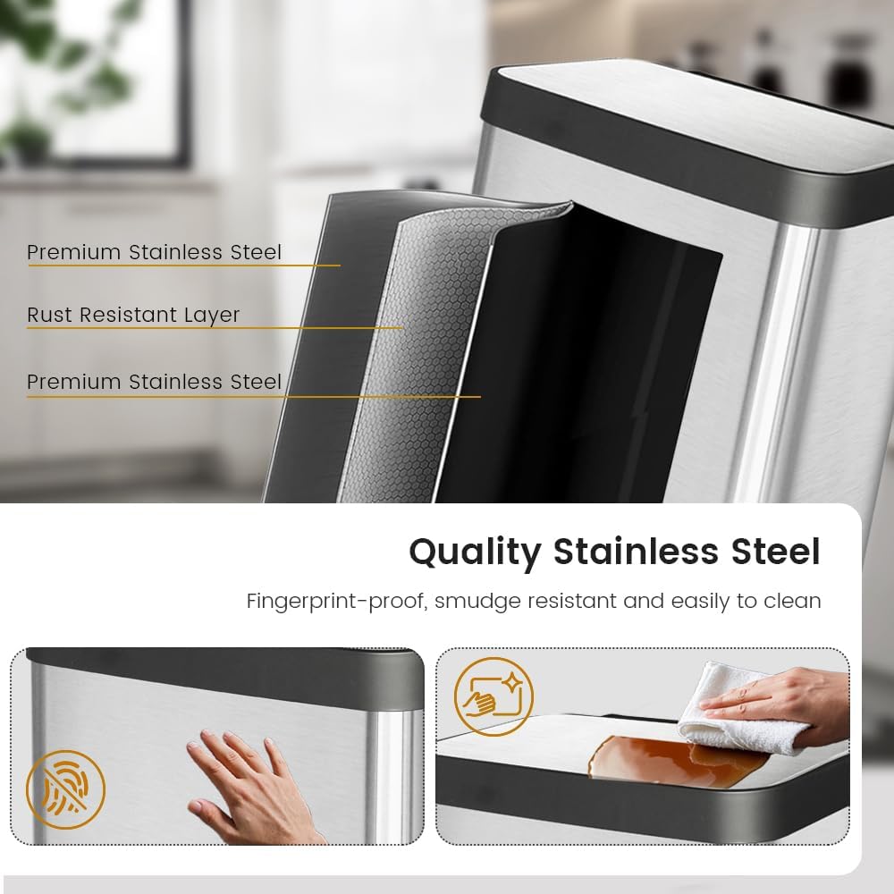 50 Liter / 13 Gallon Trash Can, Fingerprint Proof Stainless Steel Kitchen Trash Can with Removable Inner Bucket, Step Trash Bin for Home Offices and Public Areas