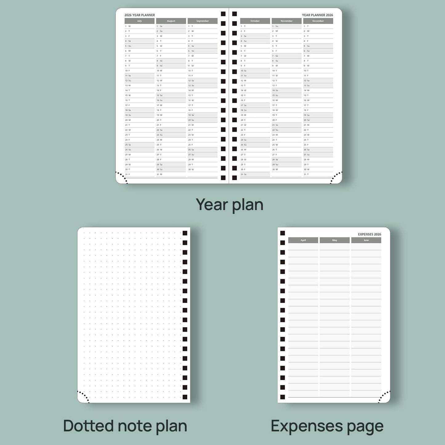 POPRUN Pocket Planner 2025-2026 (Spiral Hardcover - 4''x 6.25''), Daily Weekly and Monthly (July 2025 - June 2026) with Hourly Time Slots, for Purse, 100 GSM - Pacific Green