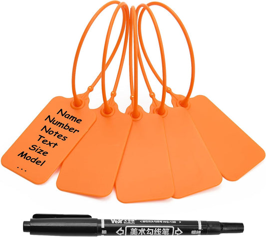 100 Orange Blank Plastic Tags for Labeling Waterproof Hanging Labels Writable Tags Seal Plastic Marking Label for Clothes Bags Keys Inventory with One Marker Pen