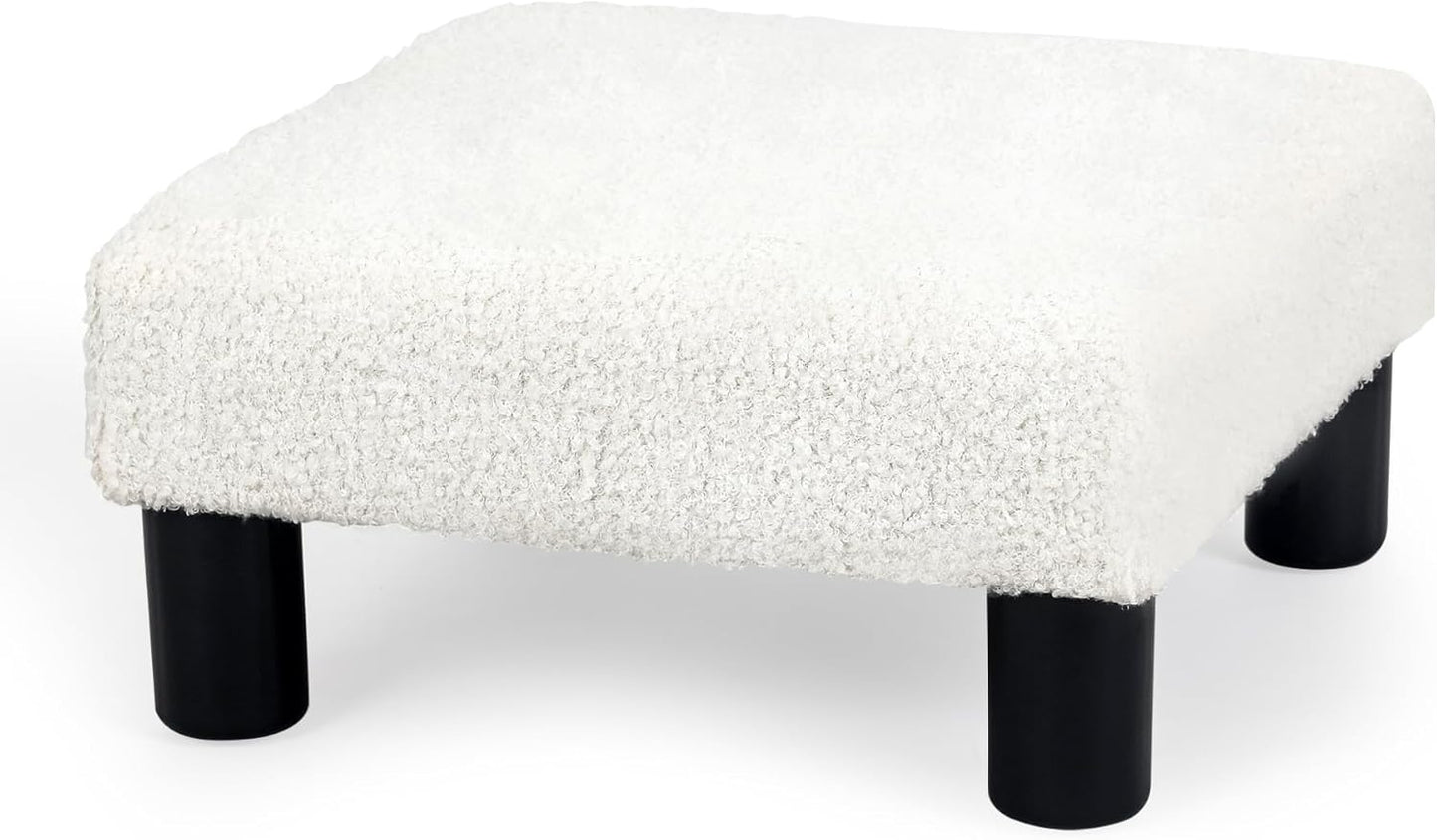 Joveco Small Foot Rest Stool Ottoman, Square Boucle Upholstered Footrest with Plastic Legs, Under Desk Footstool for Chair, Office, Living Room, White