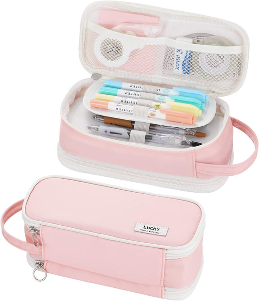 Dugio Big Pencil Case for Girls Teens Kids Zipper Pencil Pouch with Handle Organizer Pencil Bag Aesthetic Pencil Box for School Pink