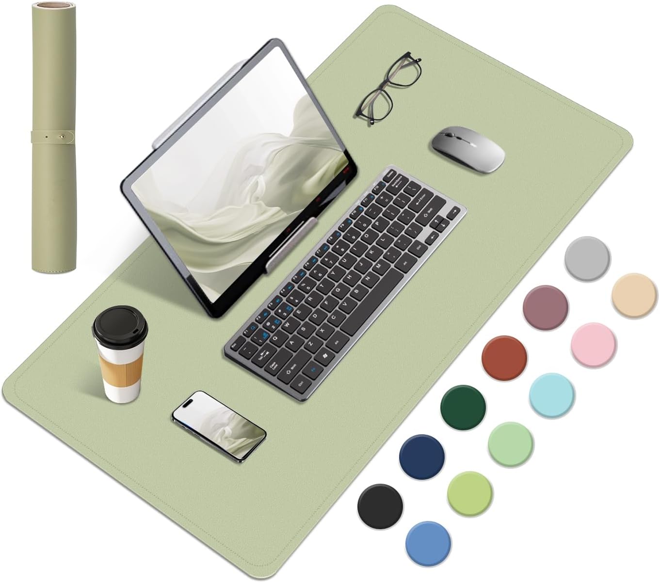 Dual-Sided Desk Pad, Natural Cork & PU Leather Mouse Pad for Desk, Desk Pad Protector, Non-Slip Desk Mat for Office and Home Work, (Matcha, 23.6" x 13.7")