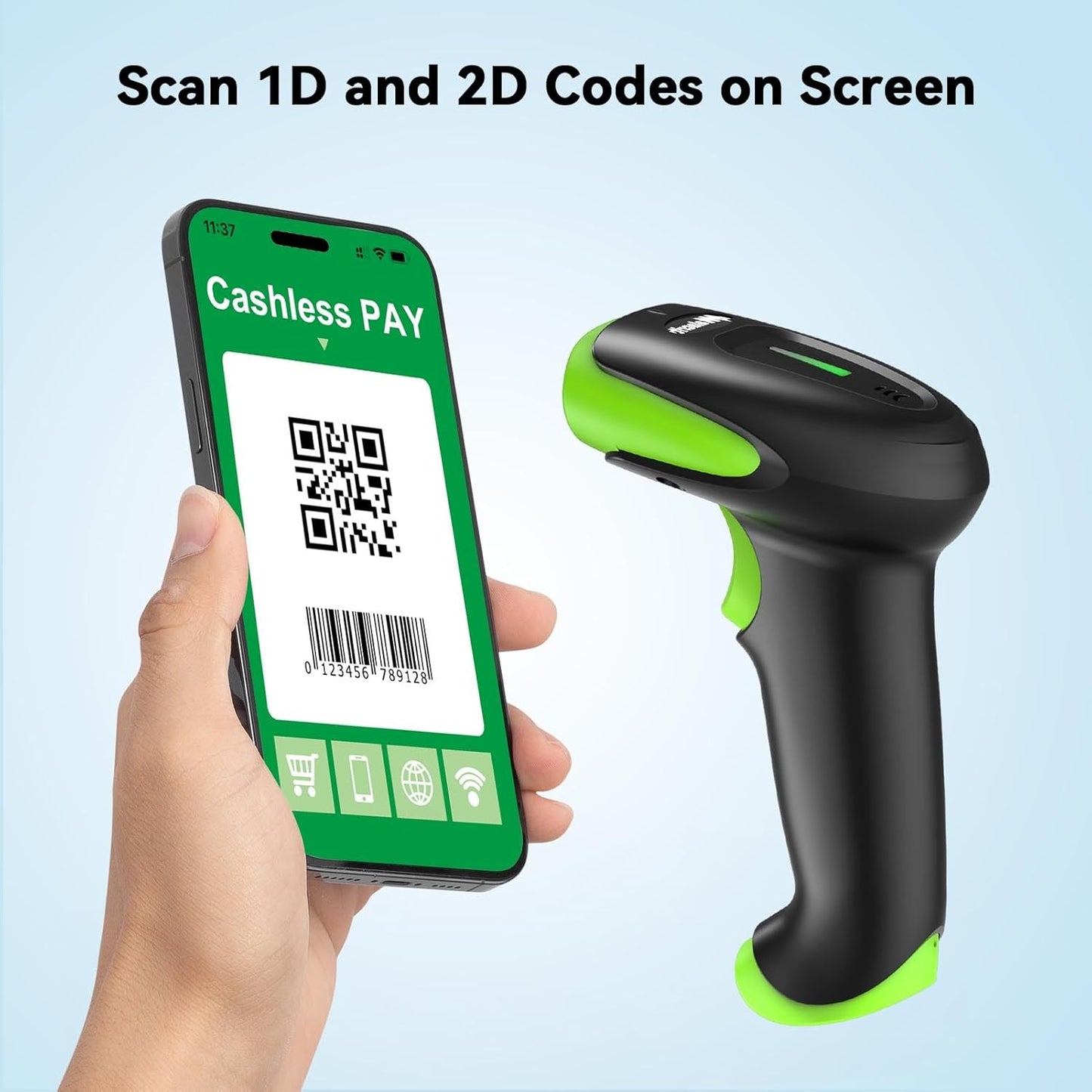 Alacrity 2D 1D Wireless Barcode Scanner with Stand, 3-in-1 Connectivity Bluetooth 2.4G Wireless USB Wired, Barcode Reader with Hands-Free Mode and Vibration Alert, Blue