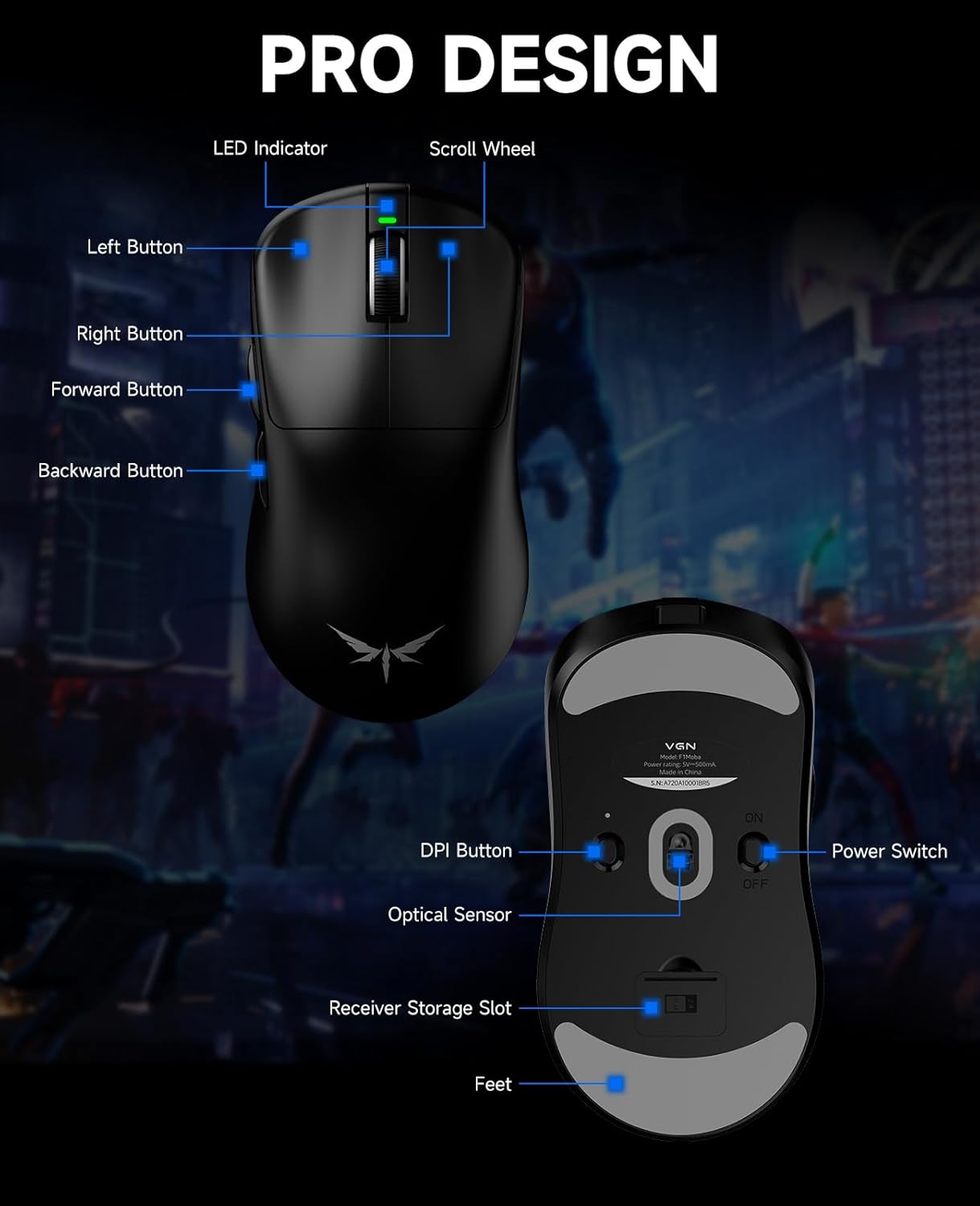 VGN F1 MOBA Wireless Gaming Mouse with Max 26,000 DPI, High Precision, Lightweight 55g, 4K Polling, 200Hr Battery Life, 6 Programmable Buttons, USB-C Charging, for PC/Mac/Laptop Classic Black