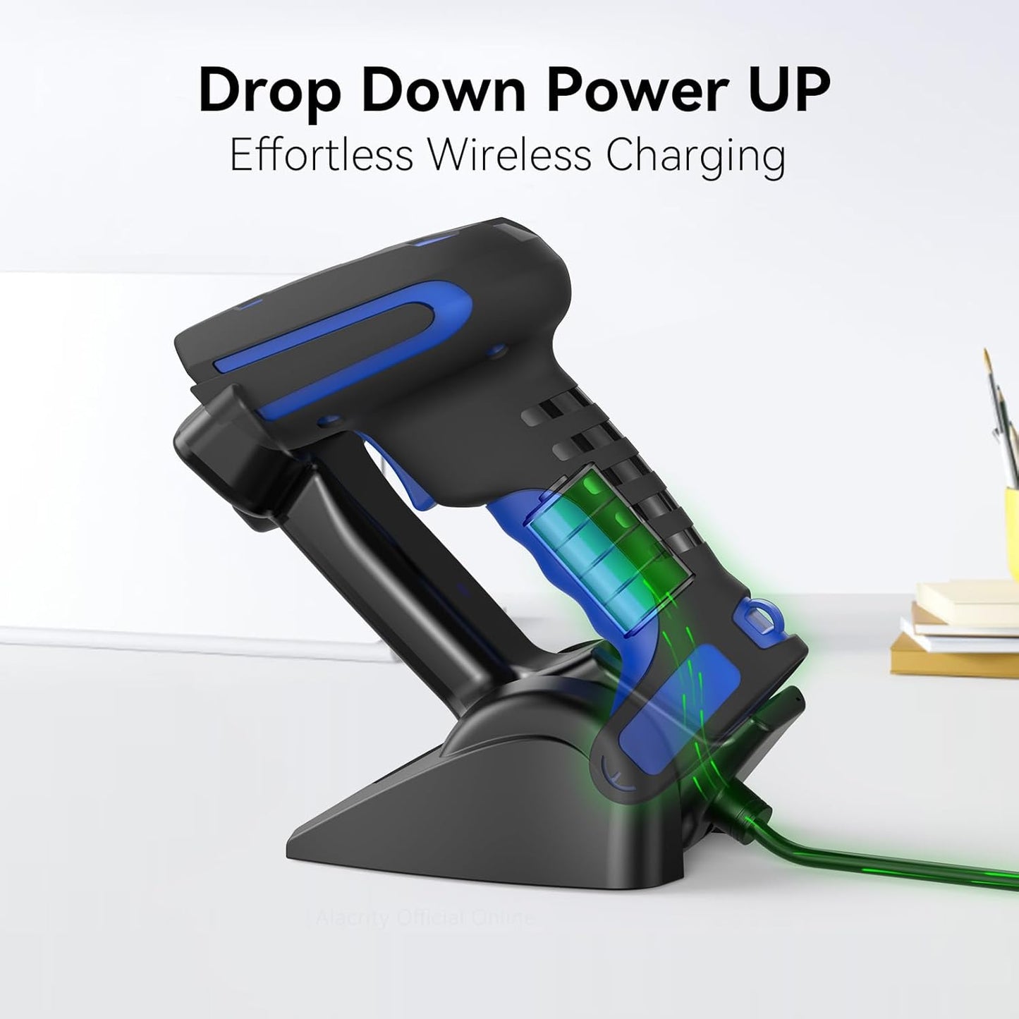 Alacrity Wireless Charging Barcode Scanner with Display Screen, 1D/2D Symbologies, Global Shutter Sensor, Long-Distance 433MHz Wireless & Bluetooth Connectivity, Industrial Shock and Dust-Proof, Green