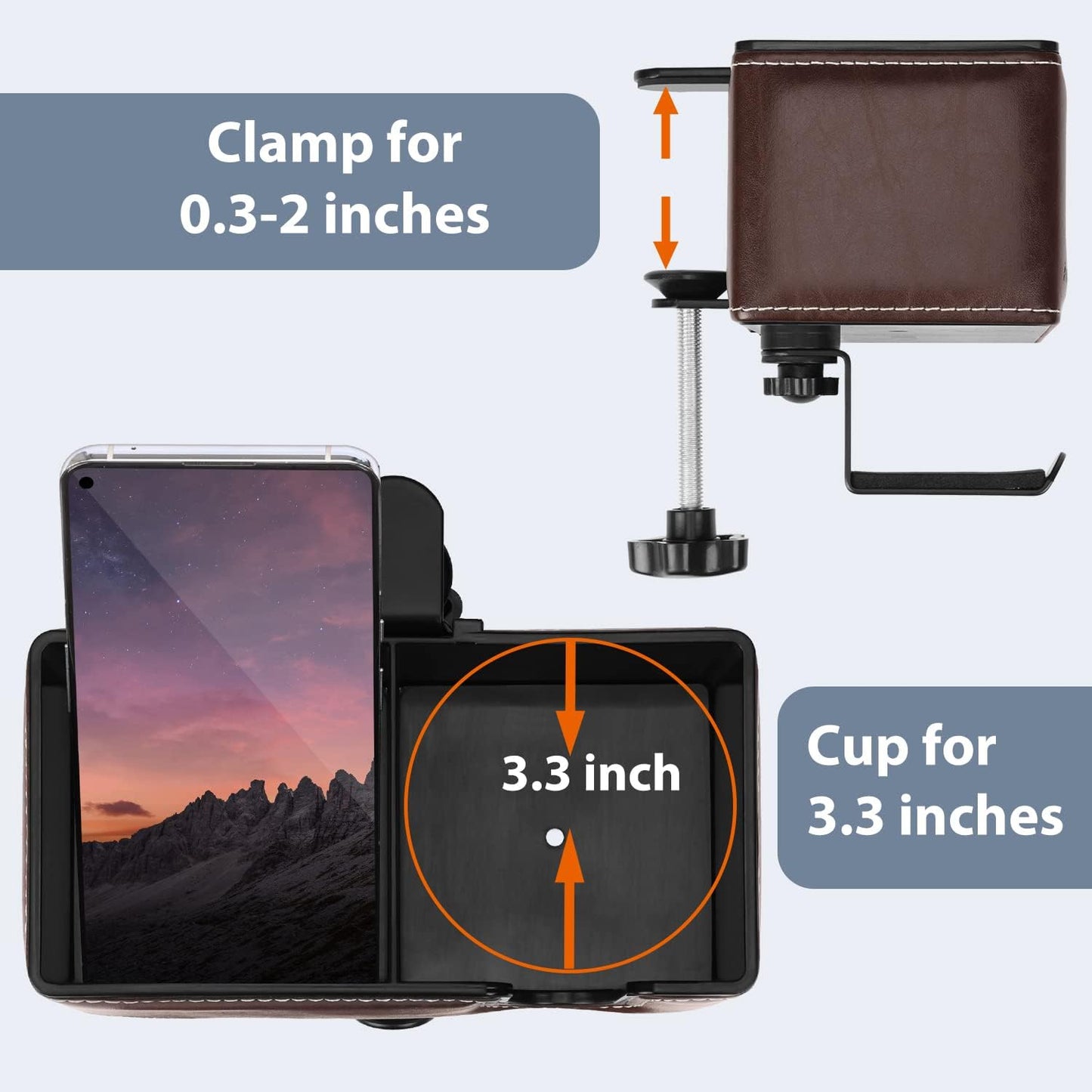 Desk Cup Holder Clip on Pen Holder Headphone Hanger Headset Stand Rotatable Clamp Hook Under Desk (Brown)