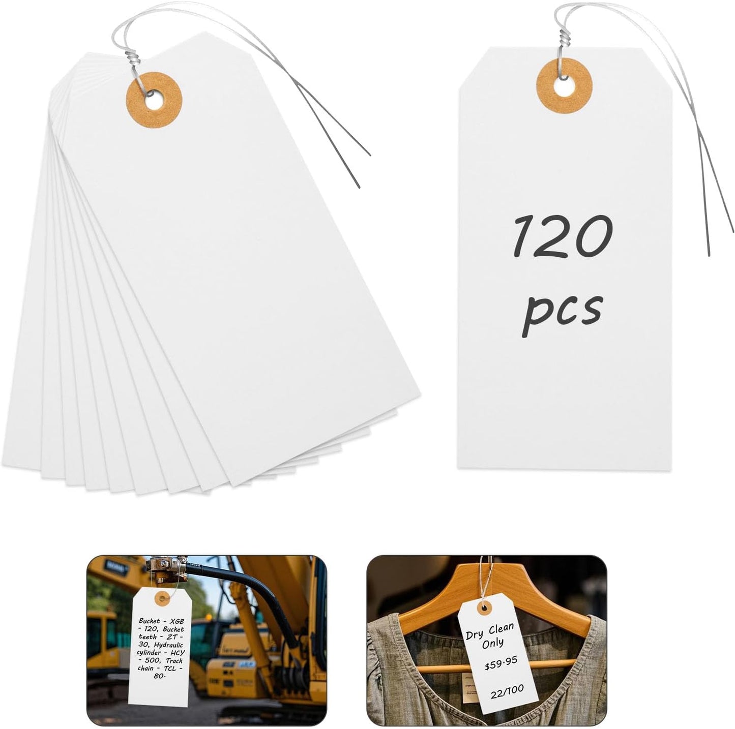SallyFashion White Pricing Tags with Wire, 120 PCS Manila Shipping Tags 4 3/4" x 2 3/8", Wire Labels for Garage Sales, Heavy Duty Machinery, Vintage Clothing, Jewelry Pricing