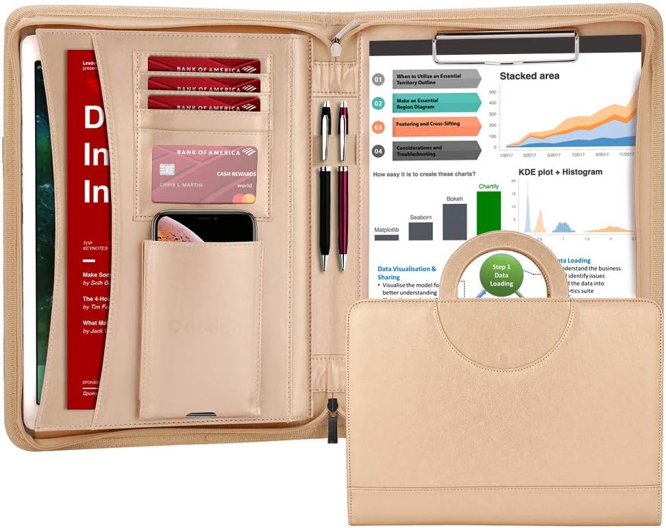 Darolin Zippered Leather Padfolio Portfolio with Hidden Handle and Clipboard, Business Conference Organizer Notepad Folder, Portfolio Bag, Padfolio for Women/Men (Gold)