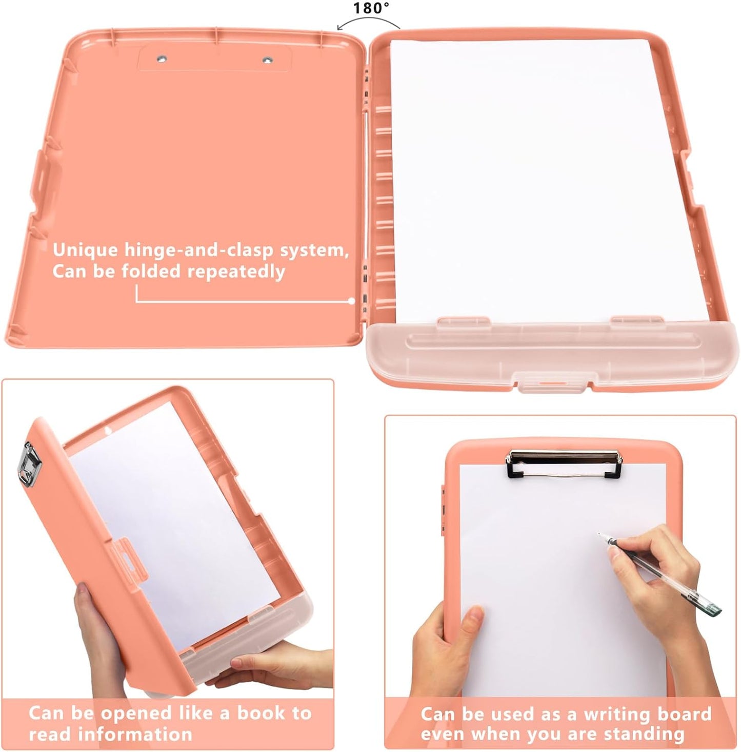 Clipboard with Storage, A4 Binder Nursing Clipboards with Pen Holder, Heavy Duty Storage Clipboards with Low Profile Clip, Clipboard Folder Side-Opening, Smooth Writing Clip Board (Pink Orange)