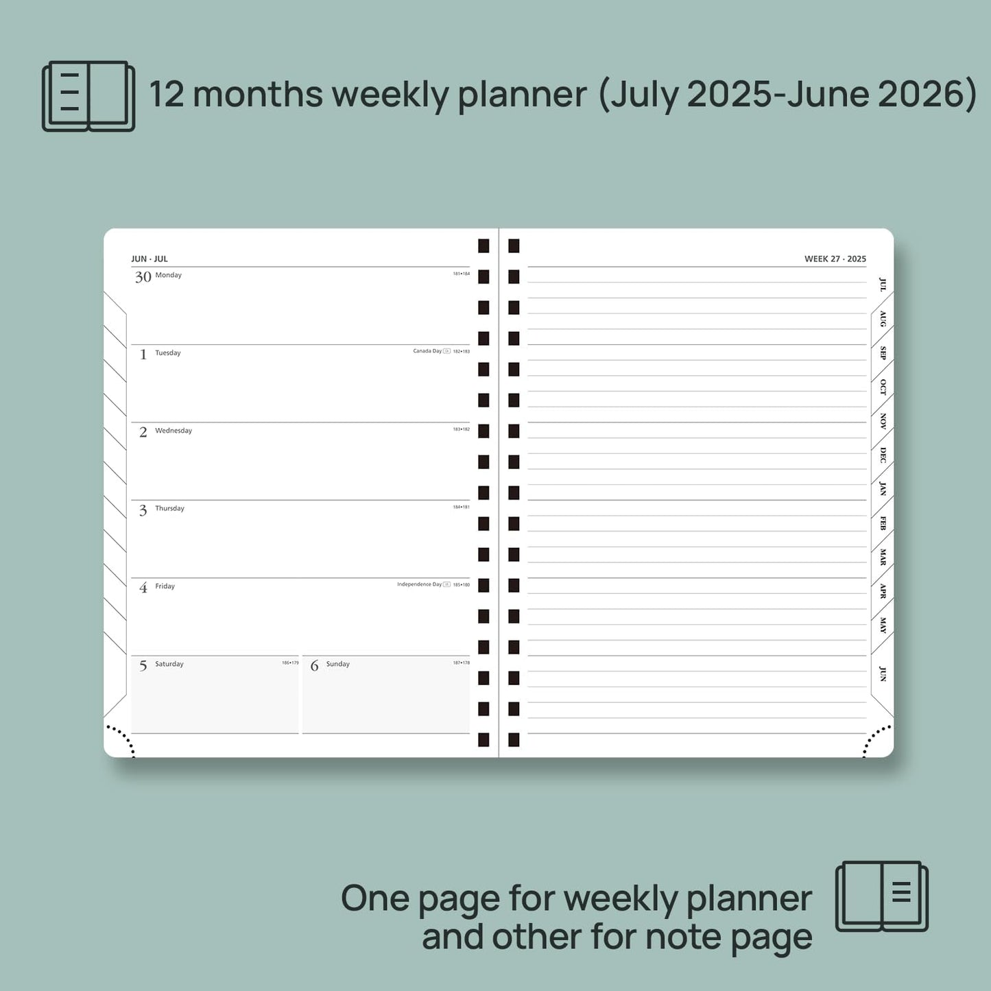 POPRUN Planner 2025-2026 Weekly Notebook (Medium 8.5''x 6.5''), Academic Calendar (JUL.25 - JUN.26) Appointment Book with Monthly Tabs, Spiral Soft Cover, Inner Pocket, 100 GSM - Black