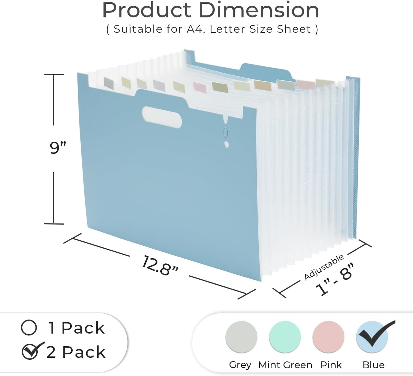 Y YOMA 2 Pack Accordion File Organizer with Handle 12 Pockets Expanding File Folder with Removable Tabs for A4 Letter Size Paper Plastic Filing Organizer Document Bill Receipt Holder, Blue